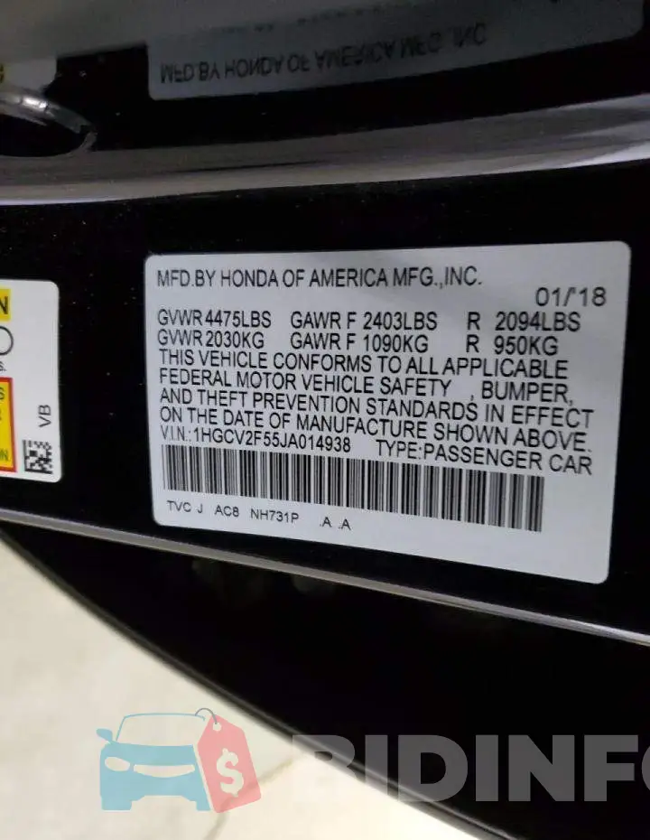 1HGCV2F55JA014938 Photo# 13