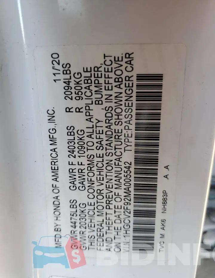 1HGCV2F92MA005542 Photo# 12
