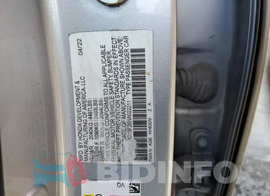 1HGCV3F26NA022211 Photo# 12