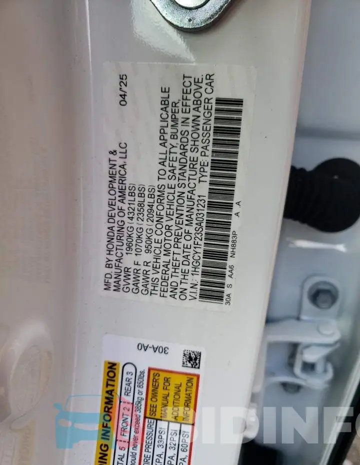 1HGCY1F23SA031231 Photo# 12