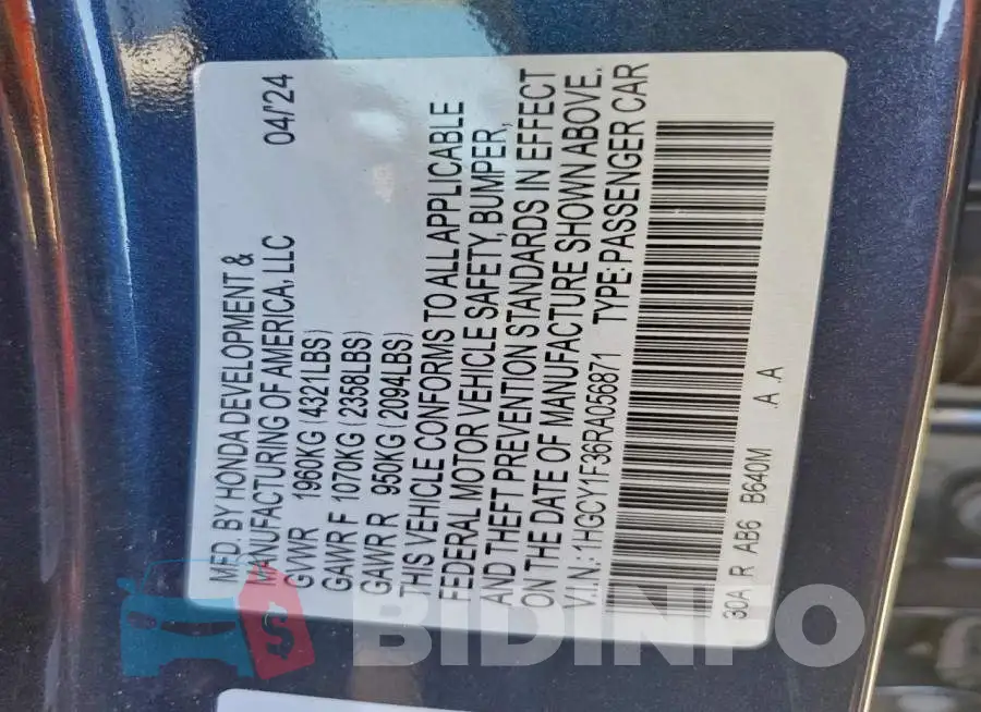 1HGCY1F36RA056871 Photo# 12