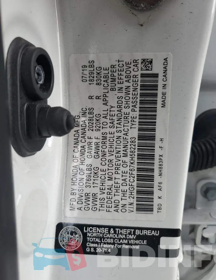 2HGFC2F67KH582283 Photo# 12