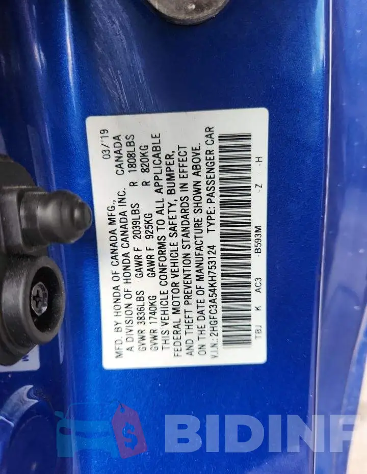 2HGFC3A54KH753124 Photo# 12