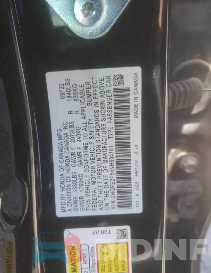 2HGFE2F54NH604181 Photo# 12