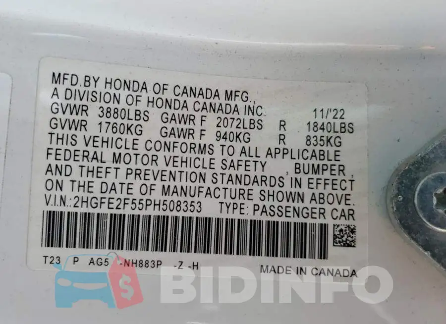 2HGFE2F55PH508353 Photo# 12