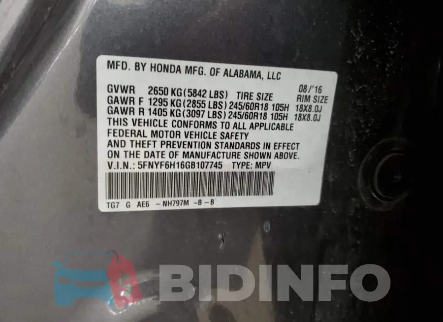 5FNYF6H16GB107745 Photo# 13