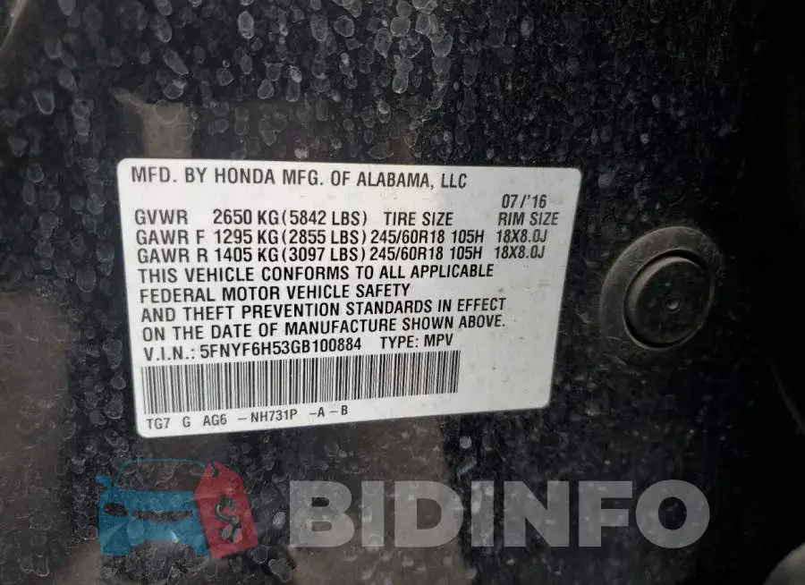 5FNYF6H53GB100884 Photo# 13