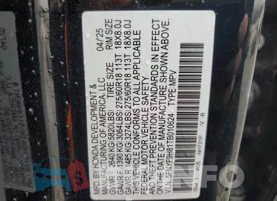 5FNYF9H81TB010624 Photo# 14