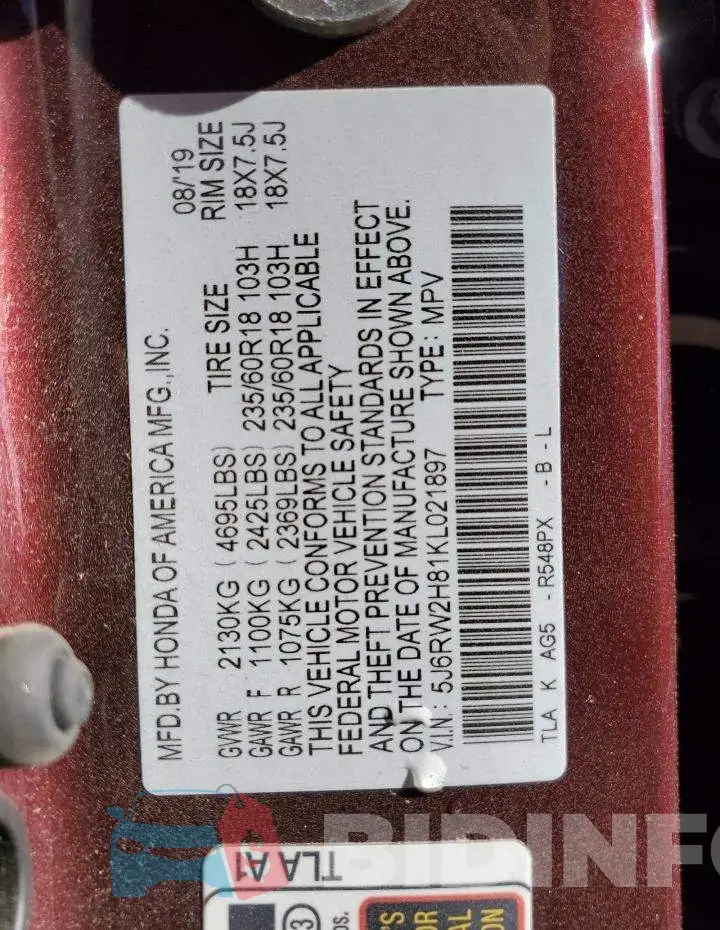 5J6RW2H81KL021897 Photo# 12