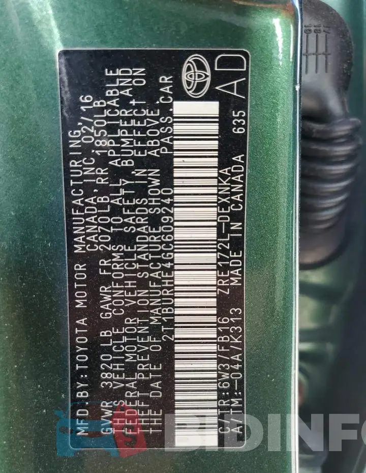 2T1BURHE4GC609240 Photo# 12