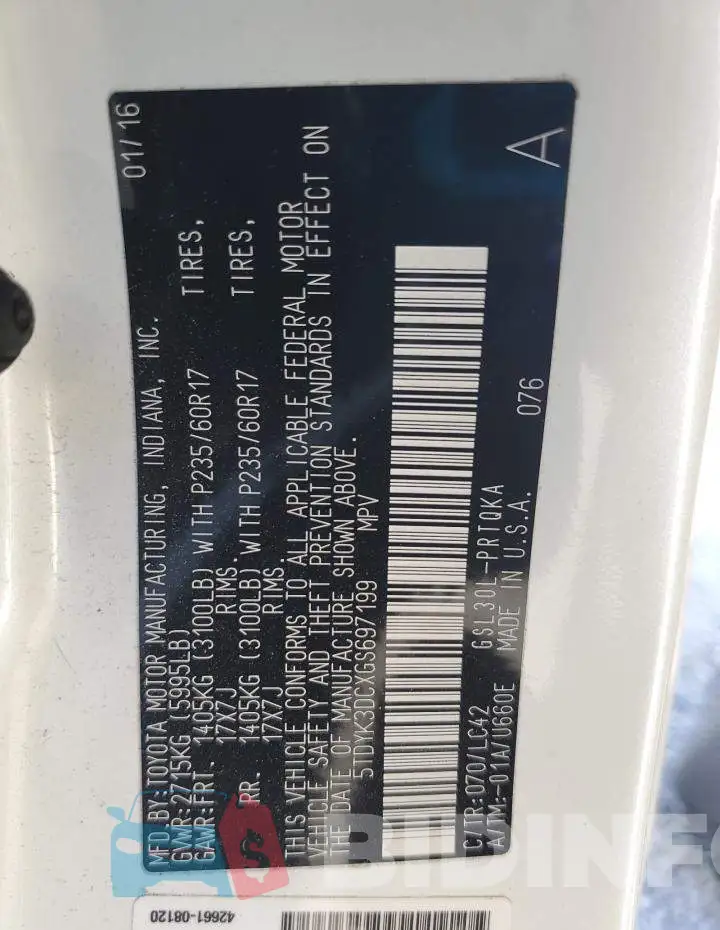 5TDYK3DCXGS697199 Photo# 13