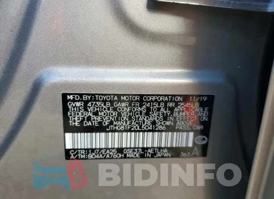 JTHG81F20L5041286 Photo# 12