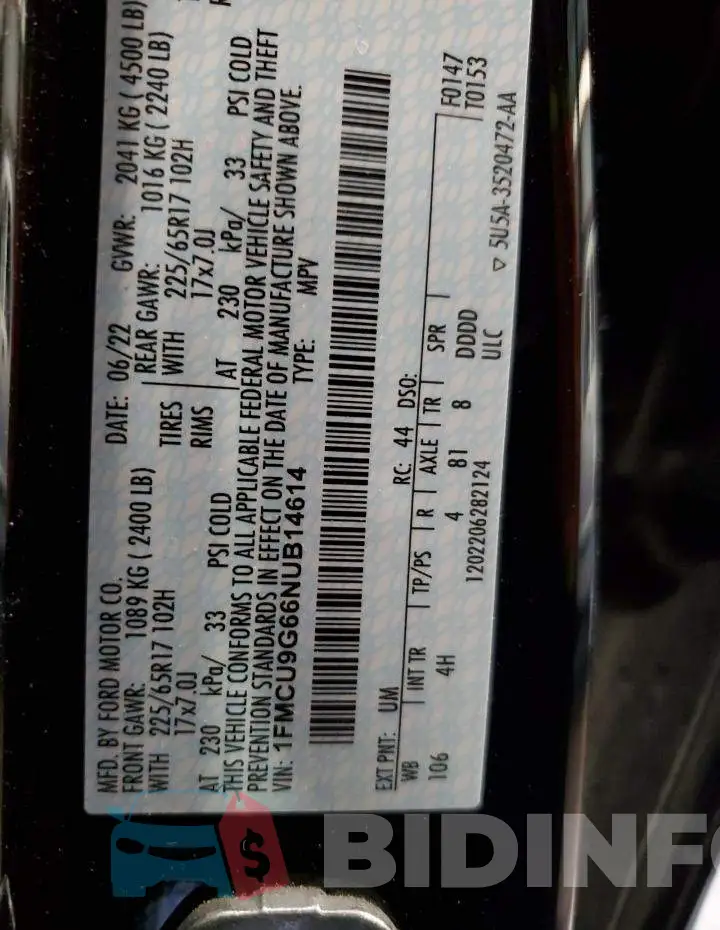 1FMCU9G66NUB14614 Photo# 13