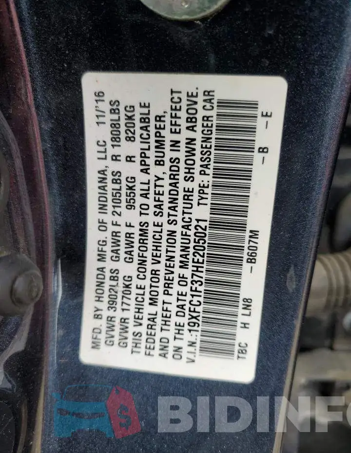 19XFC1F37HE205021 Photo# 12