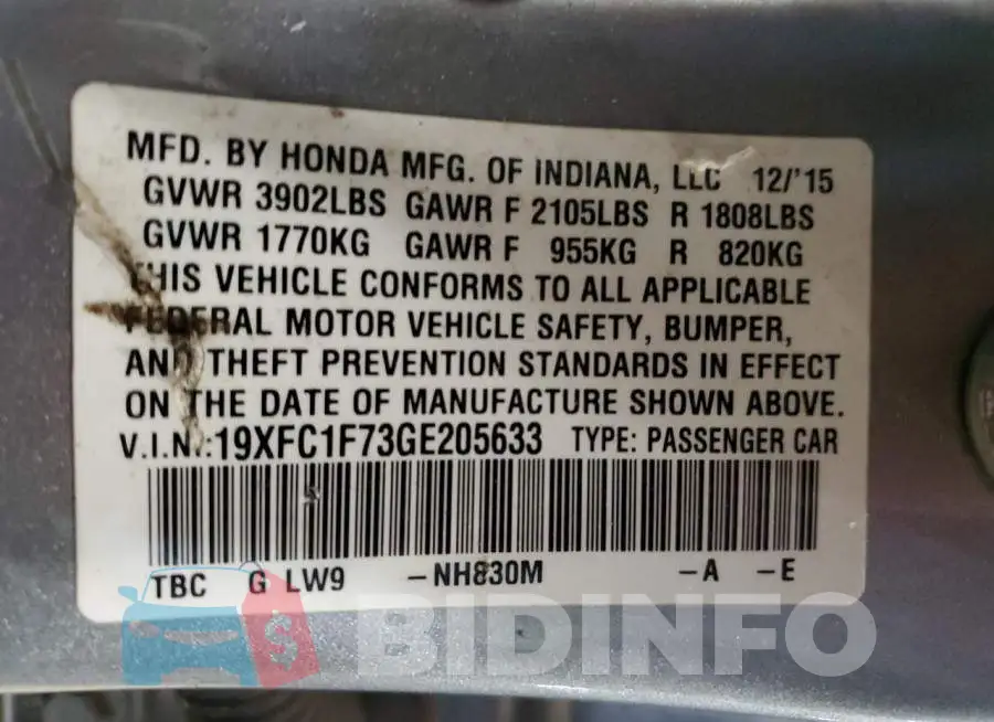 19XFC1F73GE205633 Photo# 12