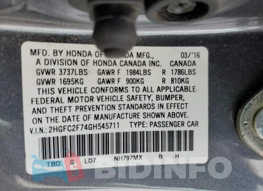 2HGFC2F74GH545711 Photo# 12