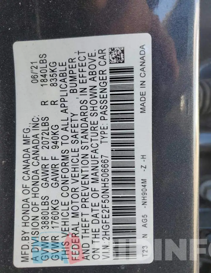 2HGFE2F50NH506667 Photo# 13
