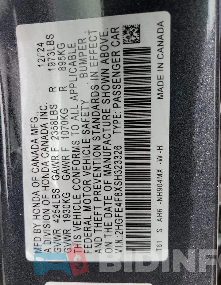 2HGFE4F8XSH323326 Photo# 12