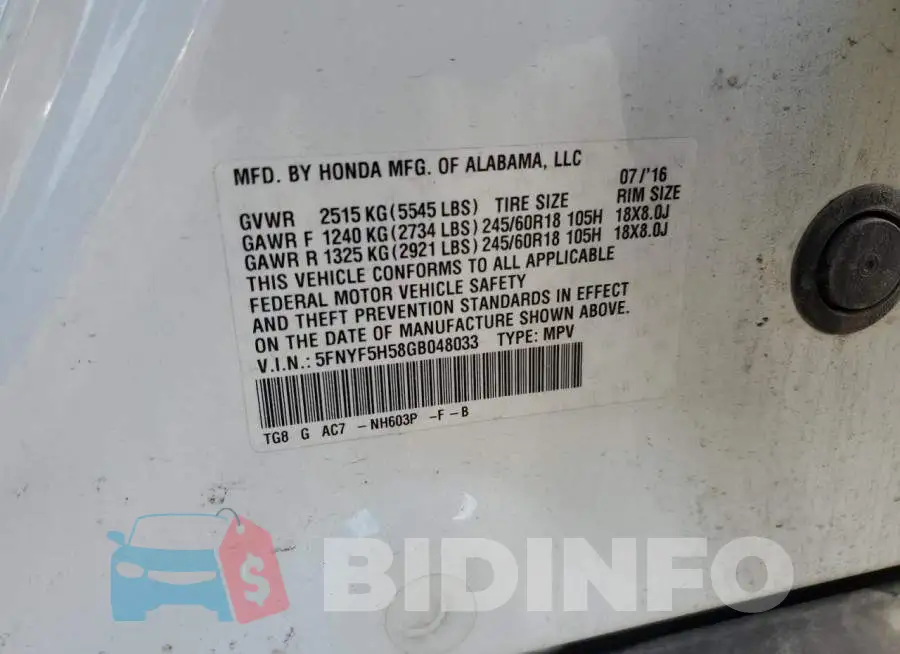 5FNYF5H58GB048033 Photo# 13