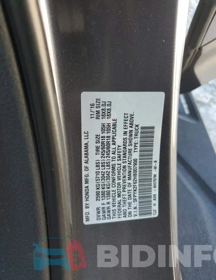 5FPYK2F62HB007900 Photo# 12