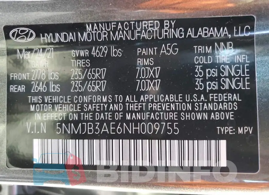5NMJB3AE6NH009755 Photo# 13