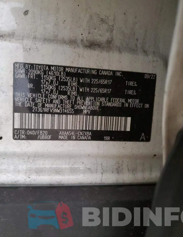 2T3G1RFV9NW314655 Photo# 12