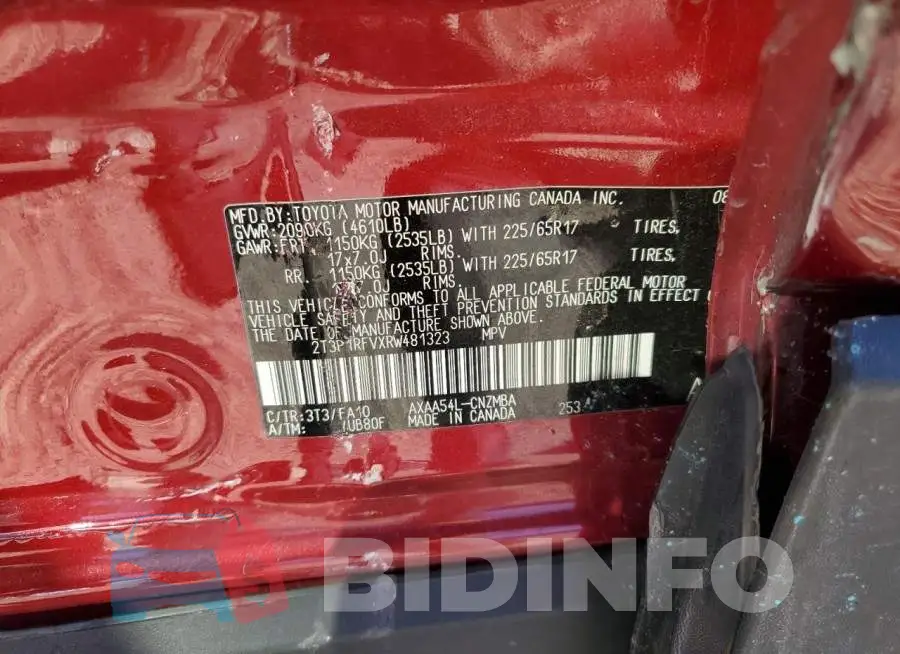 2T3P1RFVXRW481323 Photo# 13
