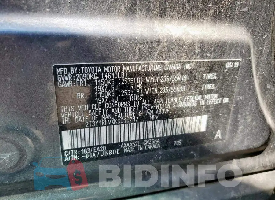 2T3Y1RFVXKC015712 Photo# 14