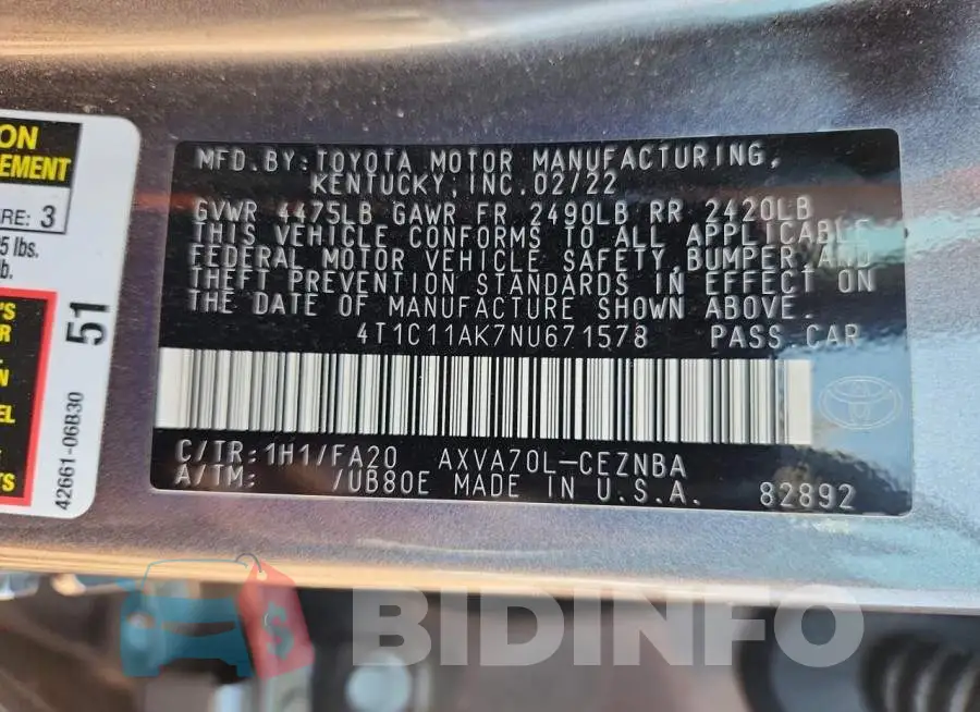 4T1C11AK7NU671578 Photo# 13