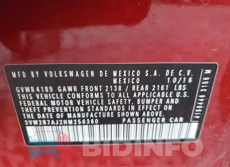 3VW2B7AJ2HM256360 Photo# 13