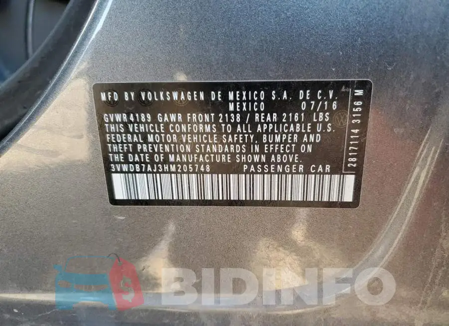 3VWDB7AJ3HM205748 Photo# 12