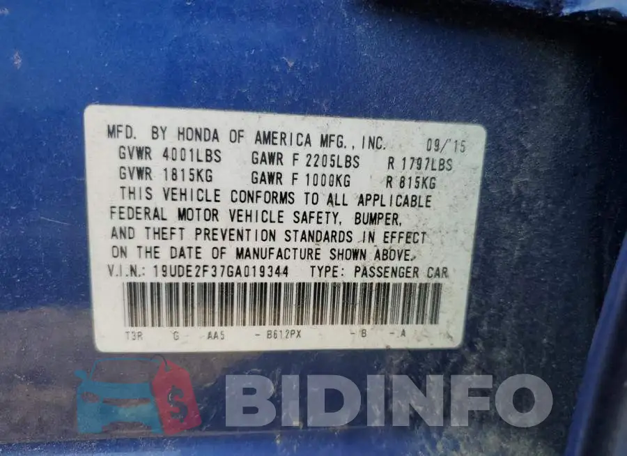 19UDE2F37GA019344 Photo# 12