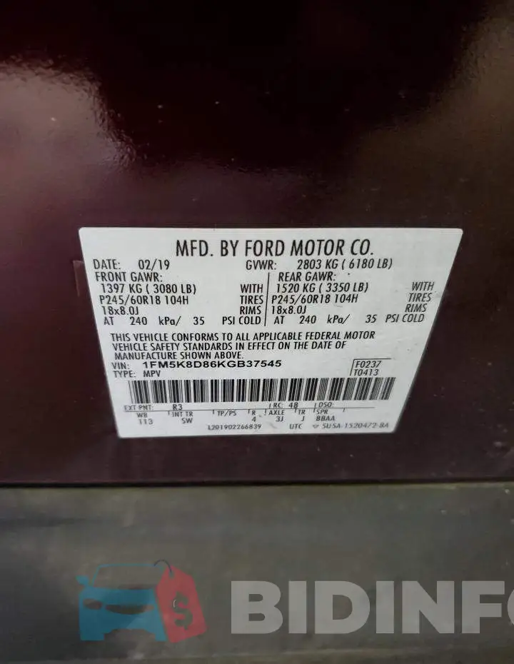 1FM5K8D86KGB37545 Photo# 14