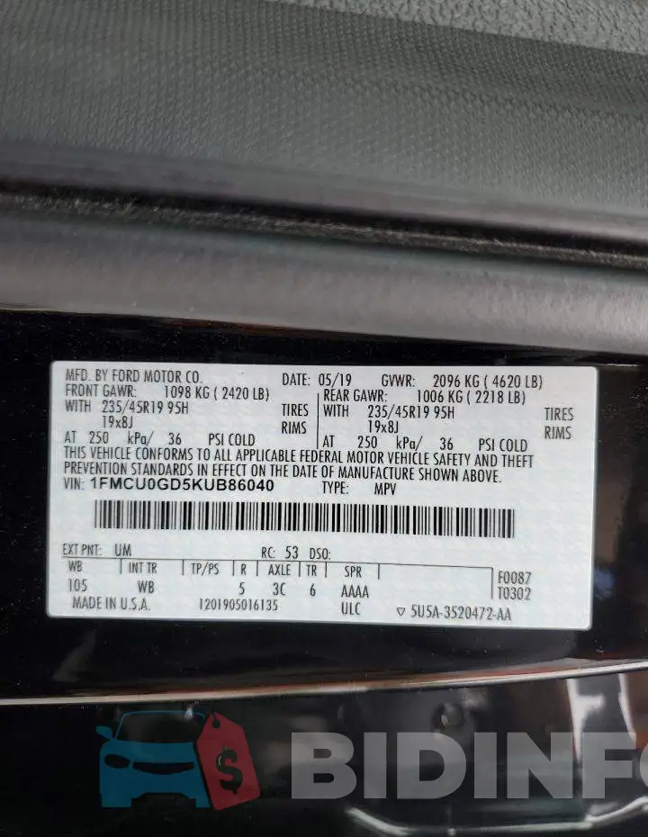 1FMCU0GD5KUB86040 Photo# 13