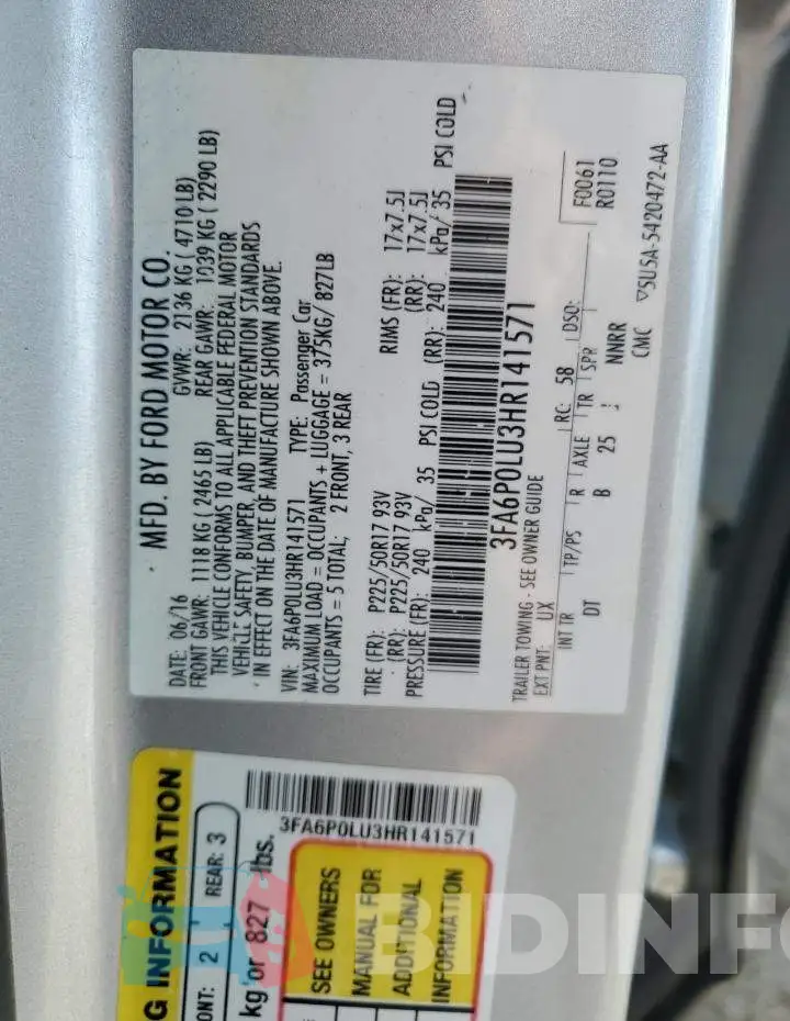 3FA6P0LU3HR141571 Photo# 12