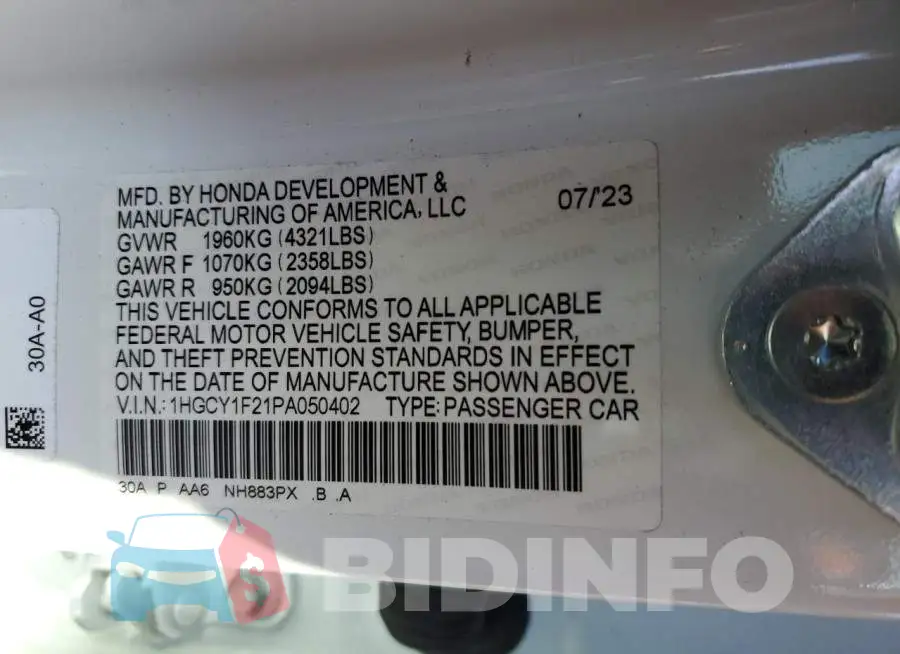 1HGCY1F21PA050402 Photo# 12