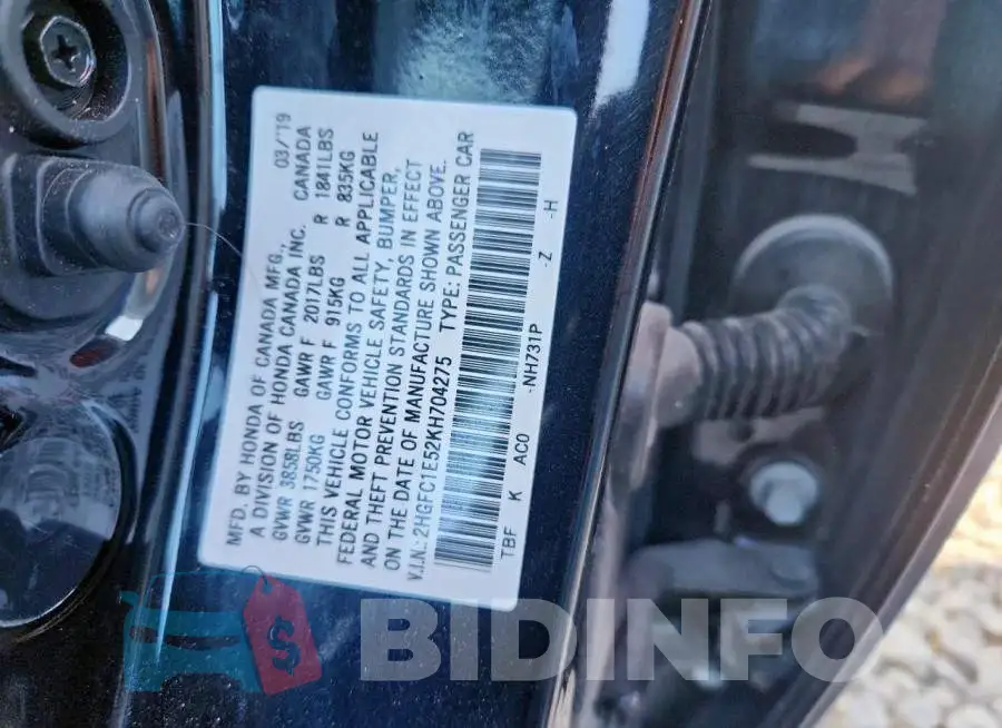 2HGFC1E52KH704275 Photo# 12