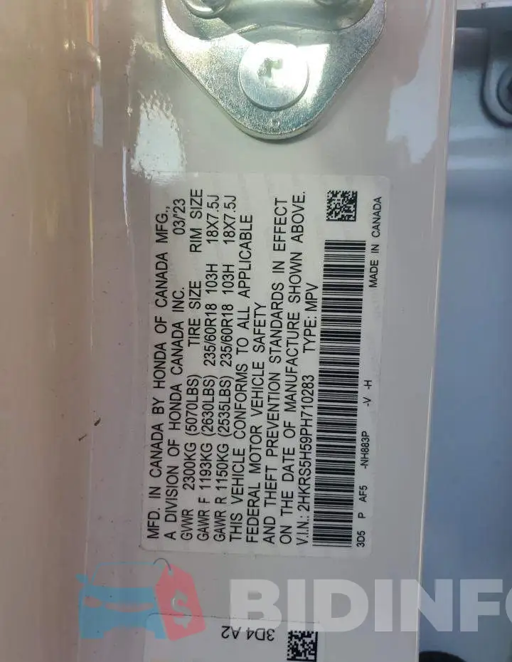 2HKRS5H59PH710283 Photo# 14