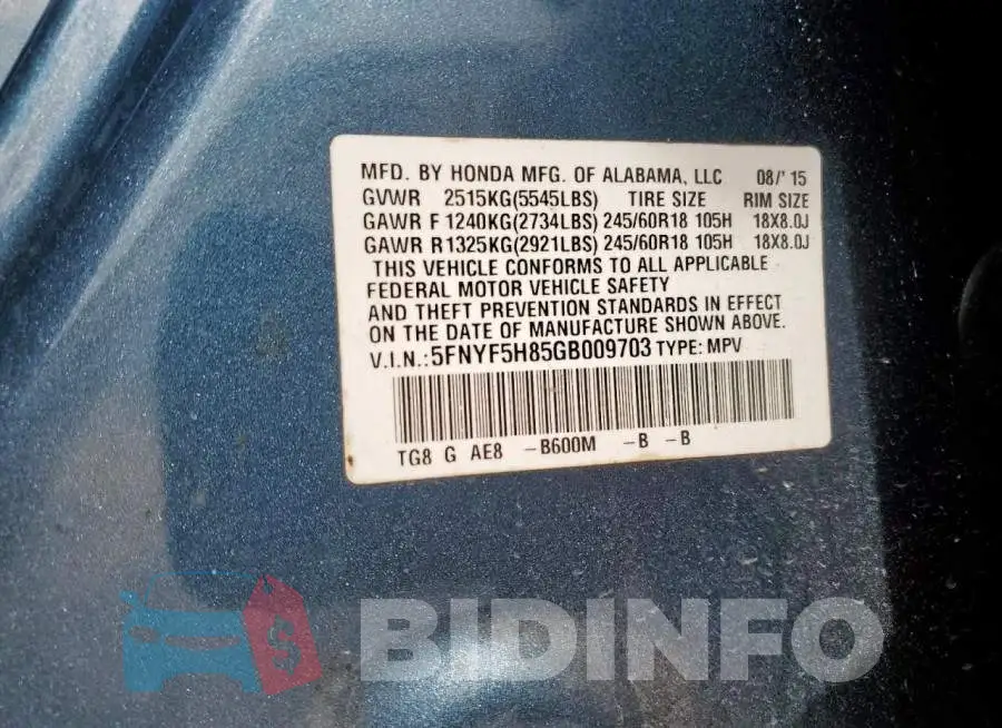 5FNYF5H85GB009703 Photo# 12