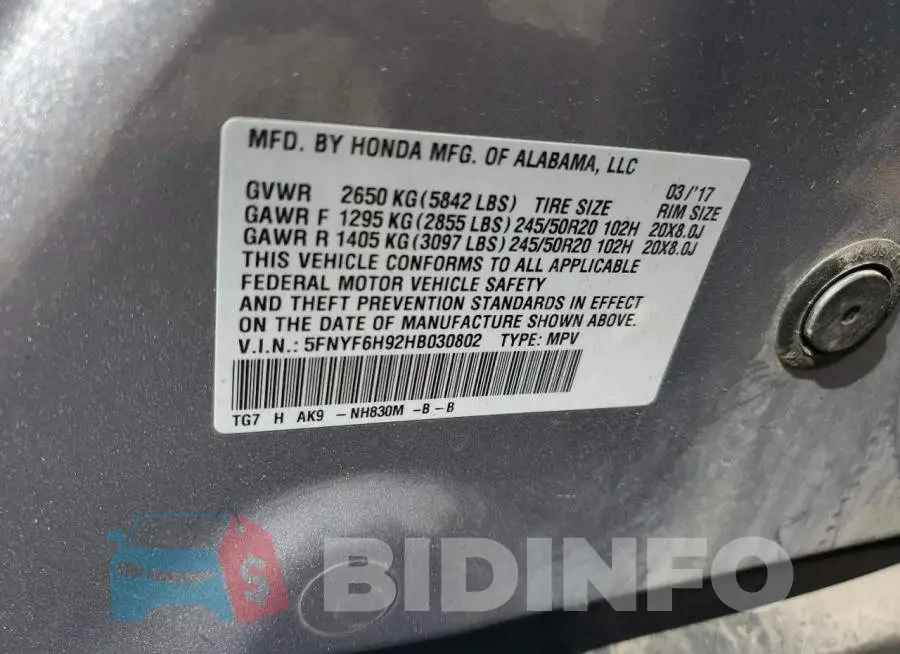 5FNYF6H92HB030802 Photo# 14