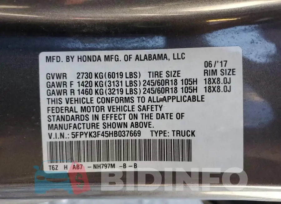 5FPYK3F45HB037669 Photo# 12