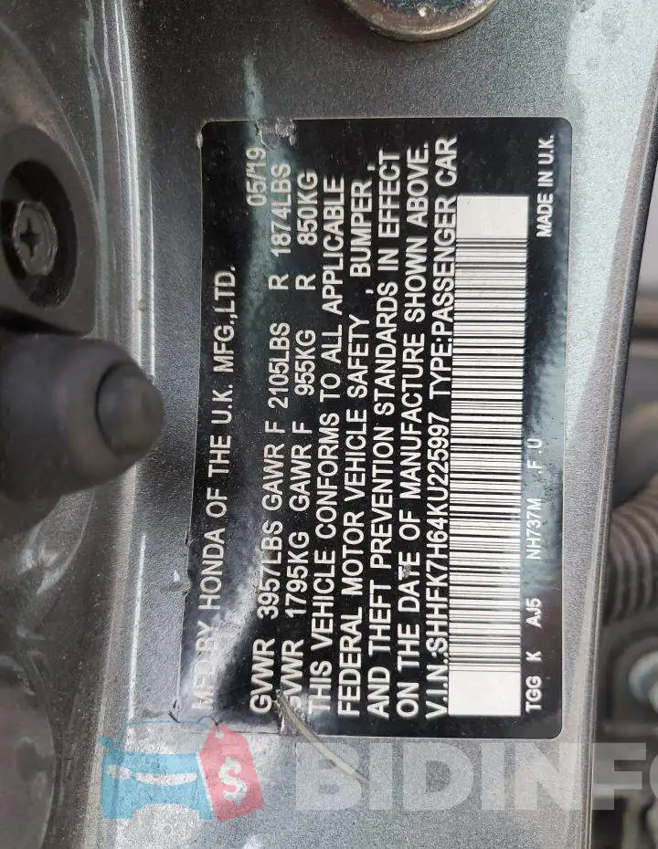 SHHFK7H64KU225997 Photo# 14