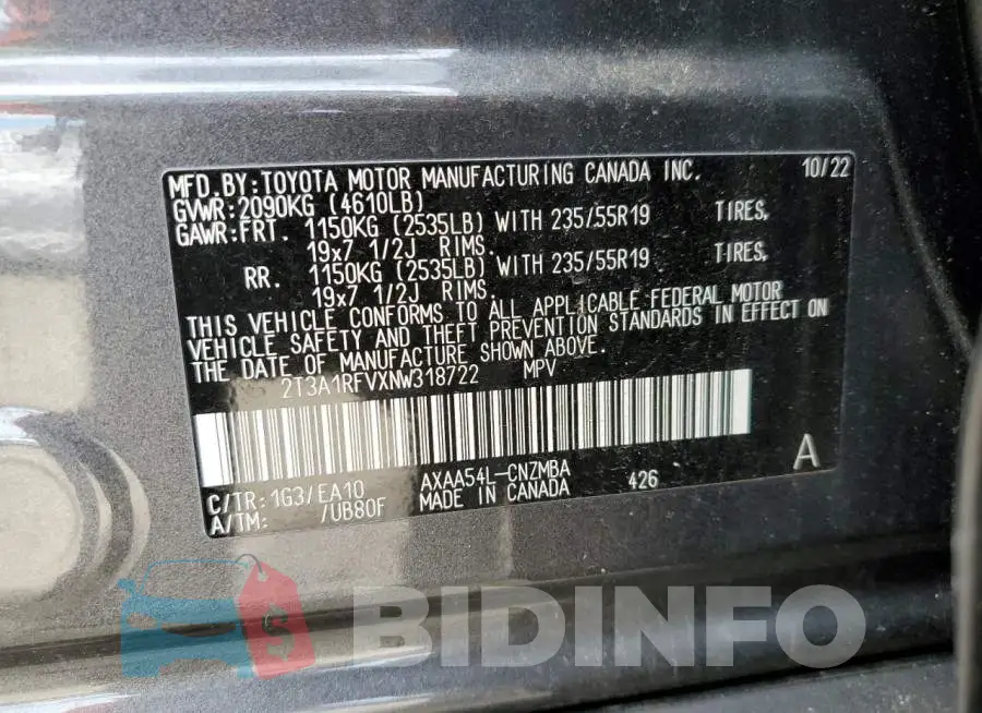 2T3A1RFVXNW318722 Photo# 13