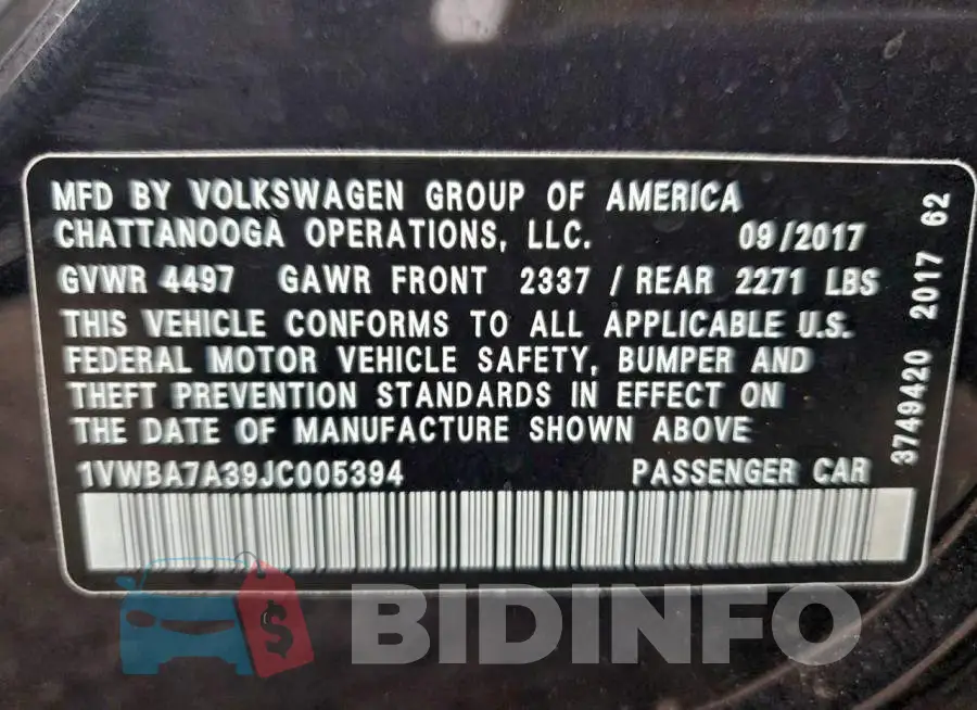 1VWBA7A39JC005394 Photo# 12