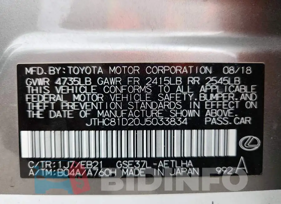 JTHC81D20J5033834 Photo# 12