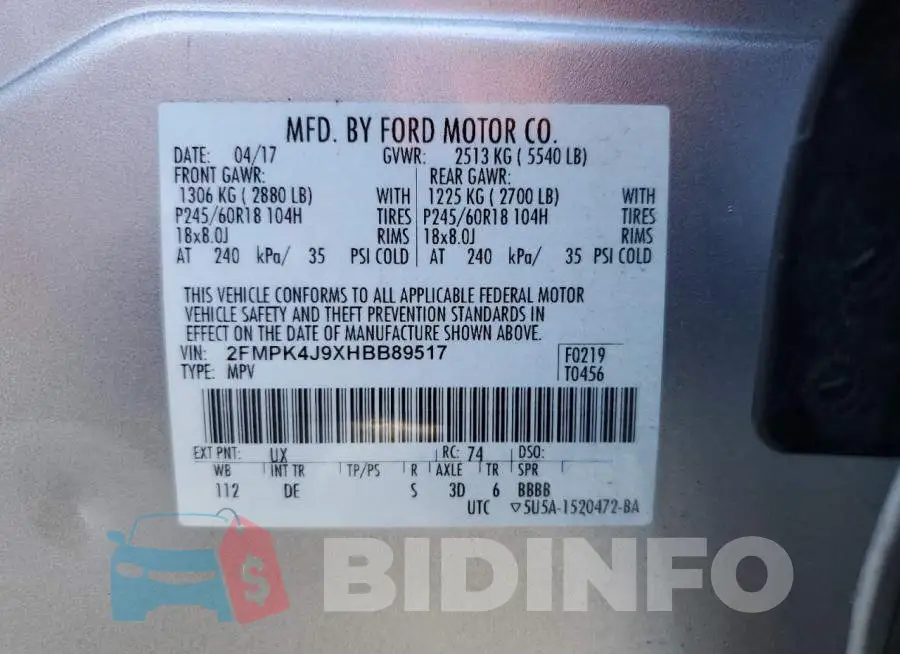 2FMPK4J9XHBB89517 Photo# 14