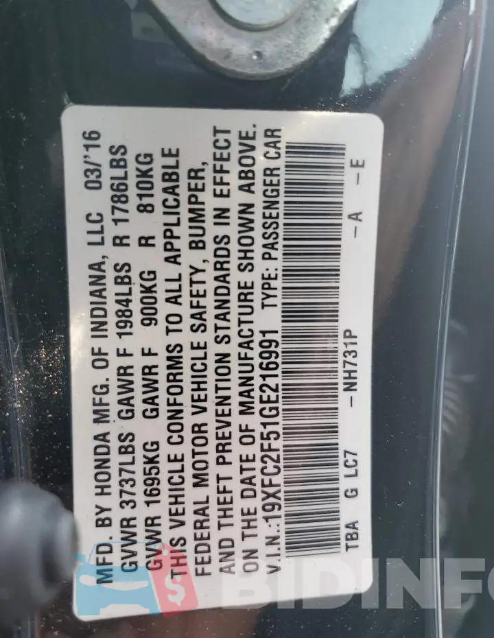 19XFC2F51GE216991 Photo# 12