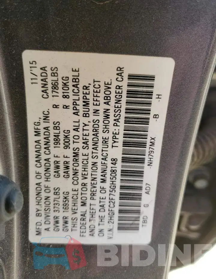 2HGFC2F75GH508148 Photo# 13