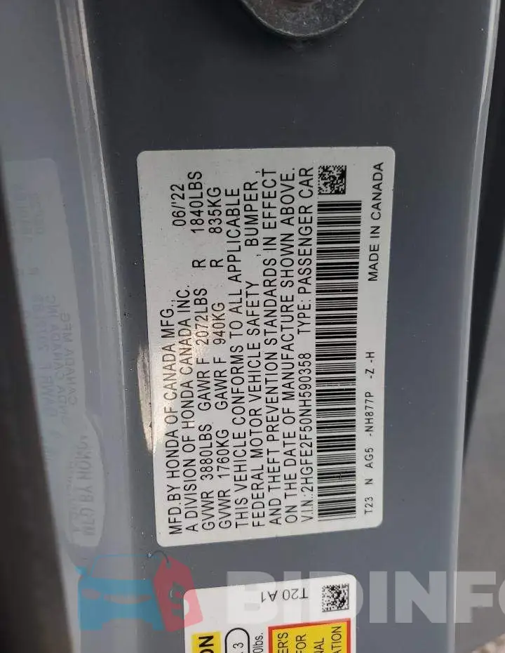 2HGFE2F50NH590358 Photo# 12