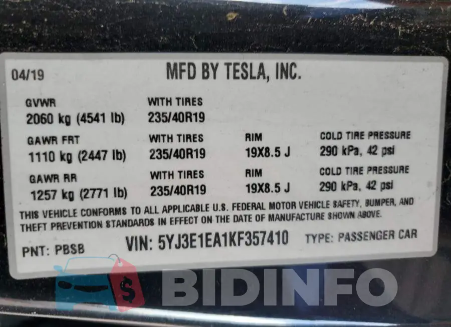 5YJ3E1EA1KF357410 Photo# 12